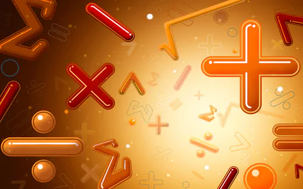 Colorful mathematical symbols, including plus and minus signs, are scattered across a warm, glowing background, creating an engaging HD desktop wallpaper.