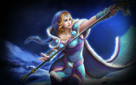 Crystal Maiden from DotA 2 strikes a commanding pose, wielding her staff against a mystical backdrop. This HD wallpaper brings the game’s vibrant character art to life.
