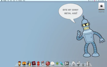 HD PC desktop wallpaper: Futurama's Bender on a pale blue background, pointing and saying Bite my shiny metal ass! with app dock icons along the bottom.