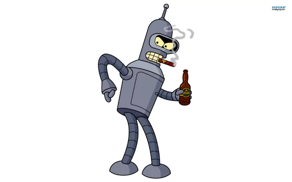 HD PC desktop wallpaper of Bender from the TV show Futurama, depicted smoking a cigar and holding a beer bottle.
