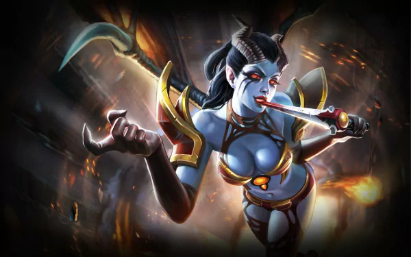 Digital artwork of the Queen of Pain from DotA 2, showcasing her fierce and alluring presence, set against a dramatic background. An HD PC wallpaper for fans of the game.