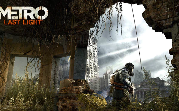 HD PC desktop wallpaper and background: Metro: Last Light video game scene of a lone gas-masked survivor surveying a sunlit, overgrown ruined city.