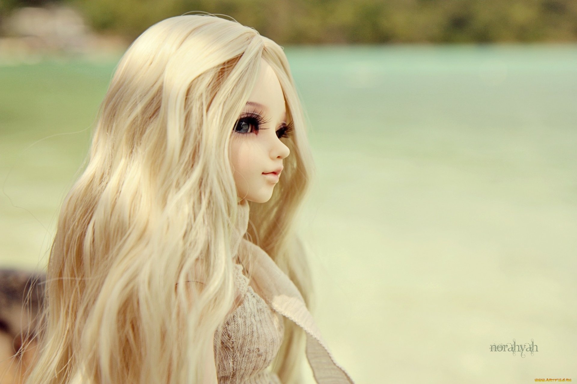 HD desktop wallpaper featuring a close-up of a man-made doll with long blonde hair against a blurred natural background.