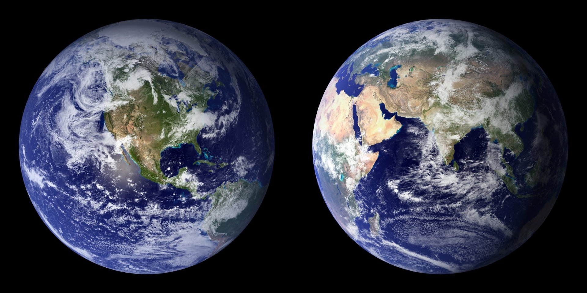 HD desktop wallpaper showing two detailed views of Earth from space, highlighting continents, oceans, and cloud formations against a black background.