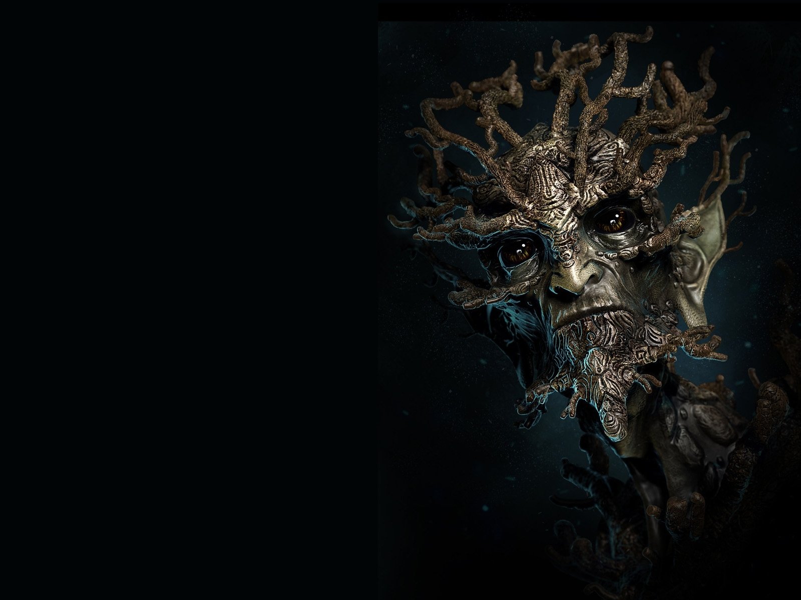 HD fantasy sylvan desktop wallpaper featuring a detailed, eerie tree-like face blending natural wood textures with mystical elements on a dark background.