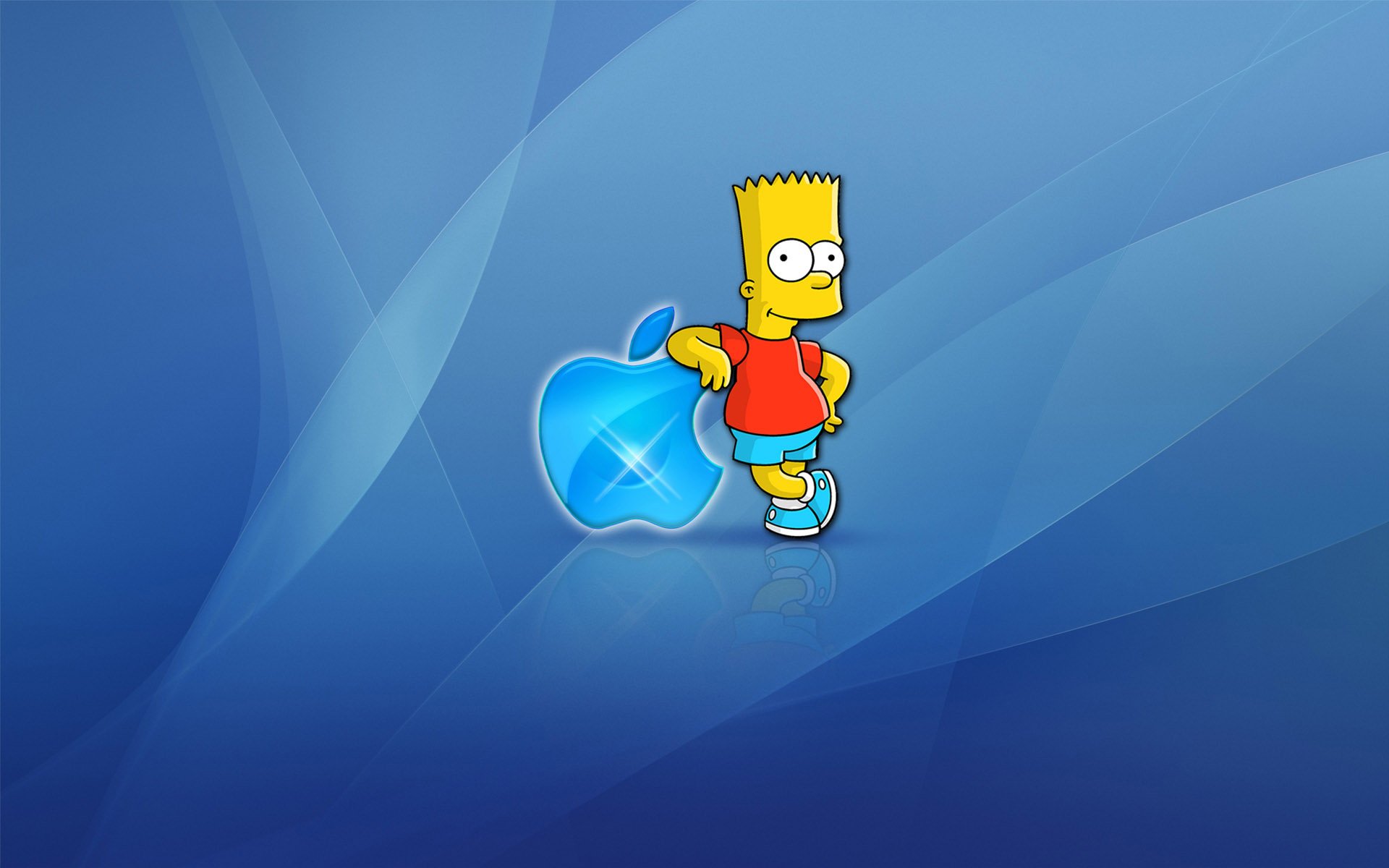 HD PC desktop wallpaper featuring Bart Simpson skating next to a glowing blue Apple Inc. logo against a smooth gradient background, blending technology and pop culture.