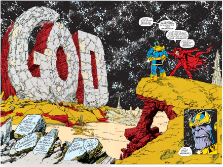 HD wallpaper featuring a comic scene with Thanos, standing beside another character on a rocky ledge in front of a huge cracked stone structure spelling GOD.星He-colored starry sky in the background.