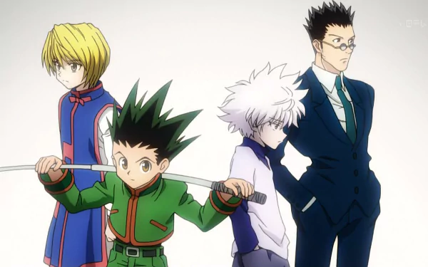 HD desktop wallpaper featuring Killua Zoldyck, Gon Freecss, Kurapika, and Leorio Paradinight from Hunter x Hunter in anime style.