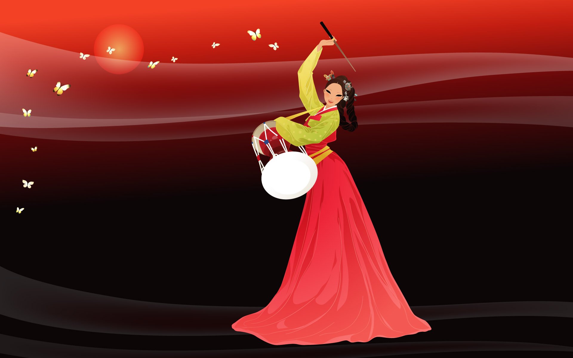 Artistic HD desktop wallpaper of a Korean woman in a traditional hanbok playing a janggu drum against a red, sunset-like backdrop with flowing waves and butterflies.