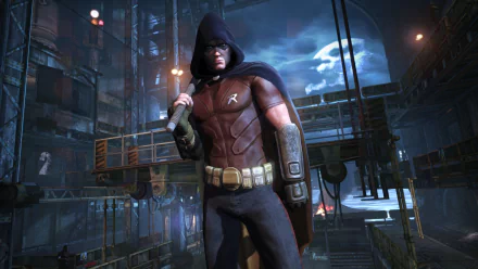 HD PC desktop wallpaper featuring Tim Drake as Robin from the video game Batman: Arkham City, standing in a dark, industrial urban environment at night.