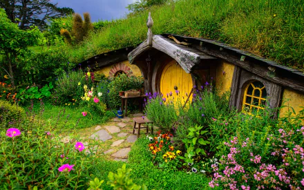 A vibrant, man-made Hobbiton scene featuring a charming round yellow door house surrounded by lush greenery and colorful flowers, captured in HD for a PC desktop wallpaper.