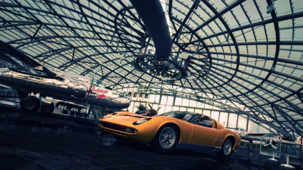 HD PC desktop wallpaper featuring a vibrant yellow Lamborghini Miura displayed under a large glass dome in a museum setting.