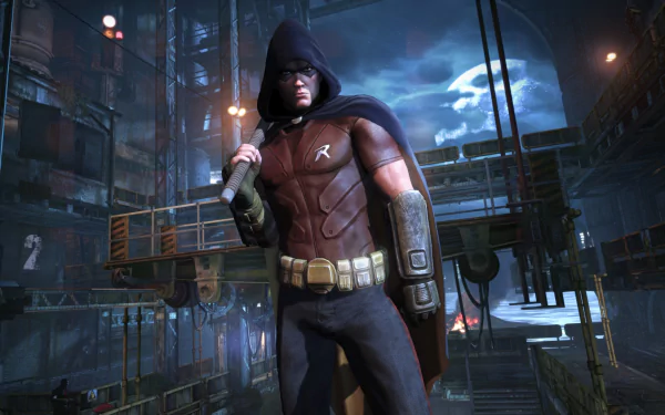 HD PC desktop wallpaper featuring Tim Drake as Robin from the video game Batman: Arkham City, standing in a dark, industrial urban environment at night.