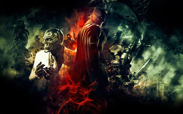 HD desktop wallpaper featuring Batman from Batman: Arkham Origins, surrounded by ominous villains and a dark, fiery aesthetic.