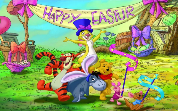 Colorful HD wallpaper featuring beloved characters celebrating Easter, complete with festive decorations and a banner reading Happy Easter, creating a joyful holiday atmosphere.