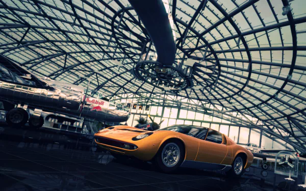 HD PC desktop wallpaper featuring a vibrant yellow Lamborghini Miura displayed under a large glass dome in a museum setting.