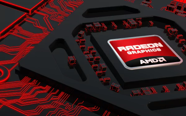 A high-definition PC desktop wallpaper featuring AMD's Radeon graphics logo amidst a visually striking red and black circuit design, highlighting modern technology themes.