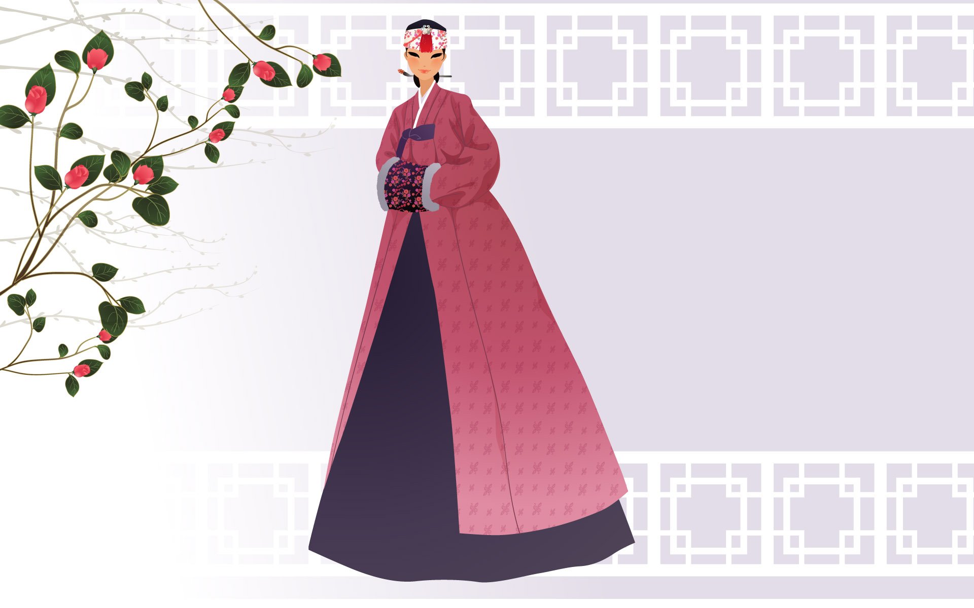 Artistic HD PC desktop wallpaper of a Korean woman wearing a traditional hanbok, posed against pale geometric panels with a decorative flowering branch.
