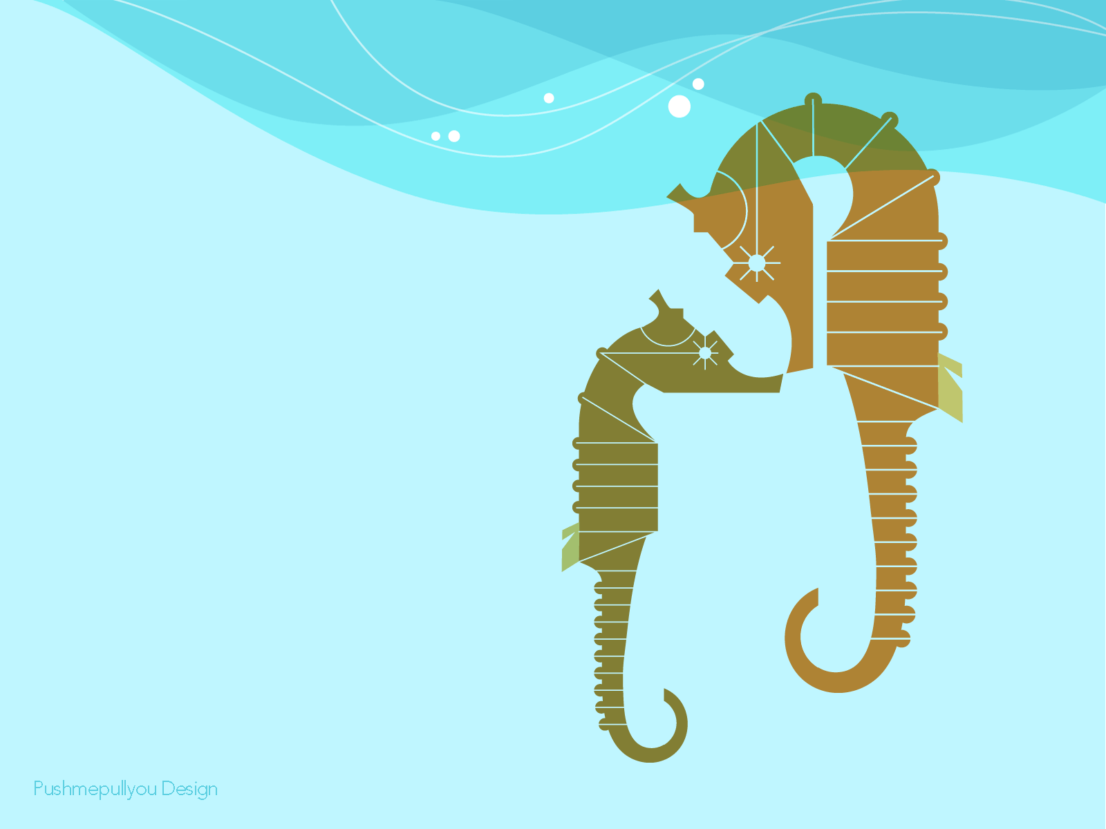 Artistic HD PC desktop wallpaper featuring two stylized seahorses against a serene blue underwater background with light bubbles and patterns.