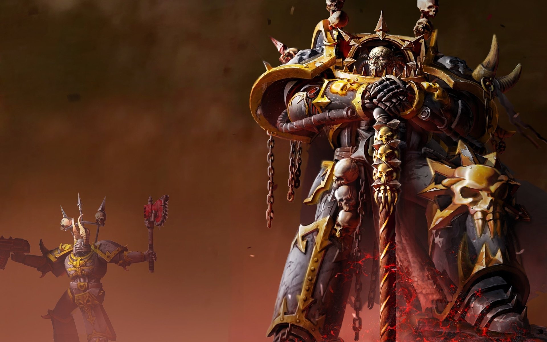A dramatic Warhammer-themed HD wallpaper depicting imposing armored figures against a dark, chaotic background, capturing the essence of epic video game battles.