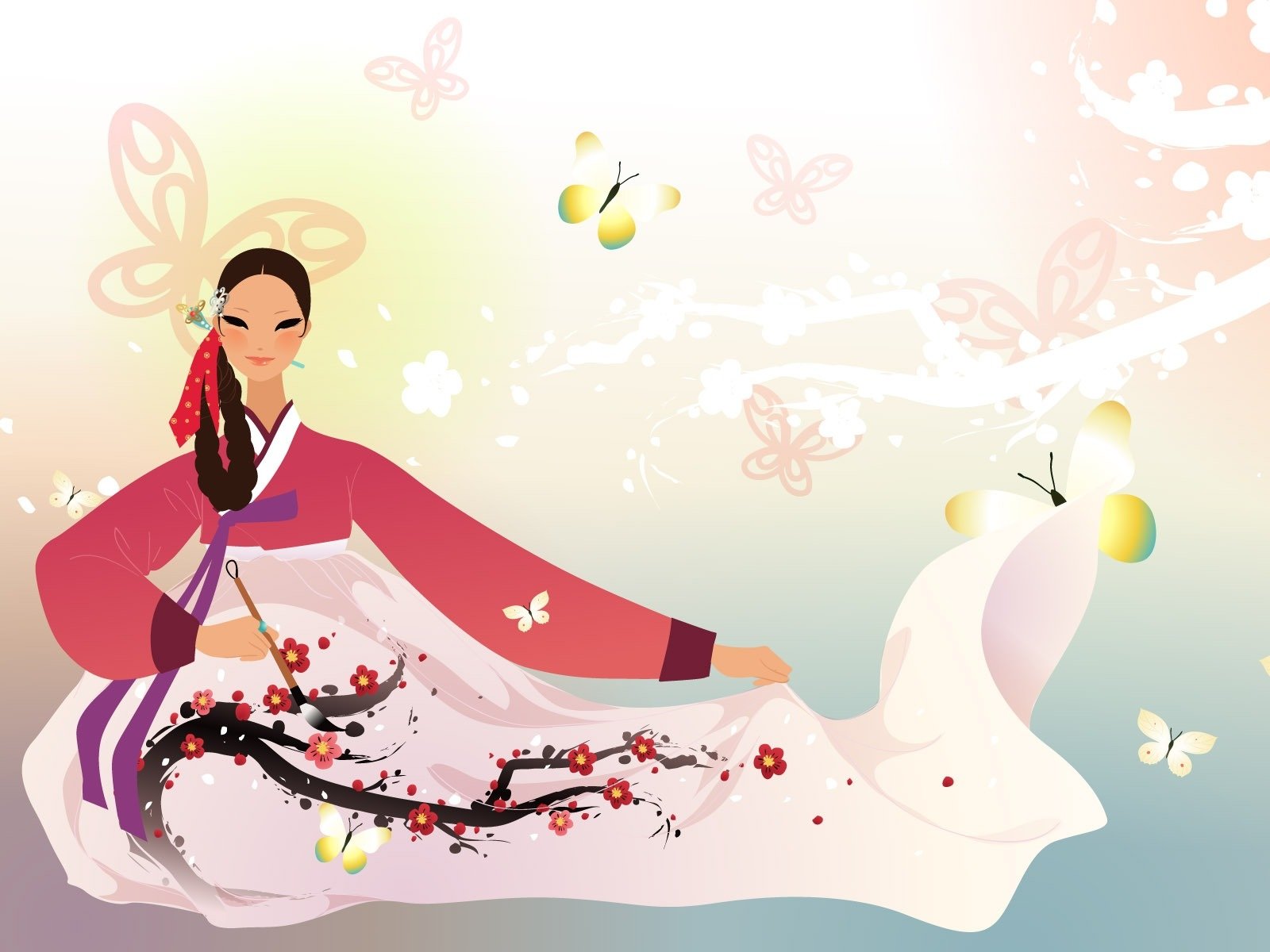 Artistic HD PC desktop wallpaper of a Korean woman in a traditional hanbok, flowing blossom-adorned skirt and butterflies against a soft pastel background.
