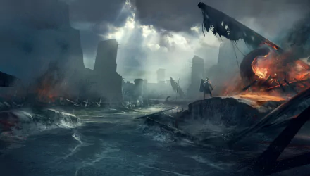 HD PC desktop wallpaper from the video game Ryse: Son of Rome, depicting a dark, stormy battlefield with a burning ship and distant soldiers under ominous skies.