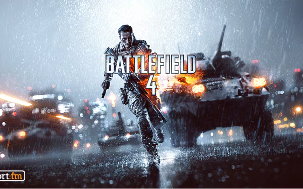 HD desktop wallpaper and background image featuring a dramatic scene from the video game Battlefield 4, with a soldier running in the rain and a tank in the background amidst city lights.