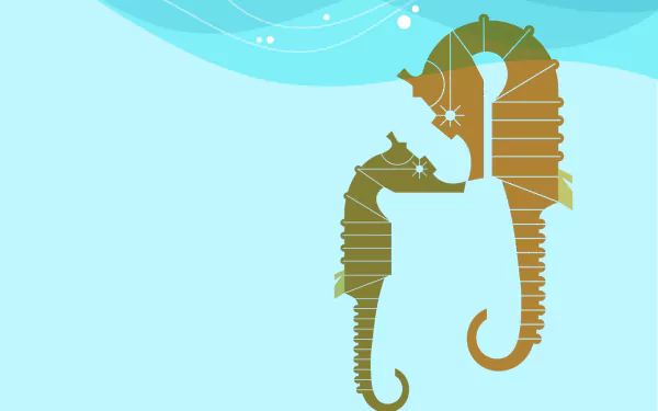Artistic HD PC desktop wallpaper featuring two stylized seahorses against a serene blue underwater background with light bubbles and patterns.
