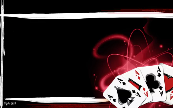 A sleek HD desktop wallpaper featuring a black background with abstract red swirls and a fan of playing cards, embodying a modern, stylish gaming theme.