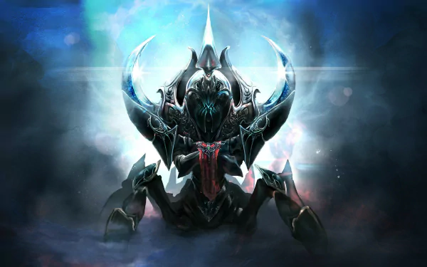A stunning HD desktop wallpaper featuring Nyx Assassin from DotA 2, showcasing a dark, atmospheric design that highlights the character's intricate armor and fierce presence.