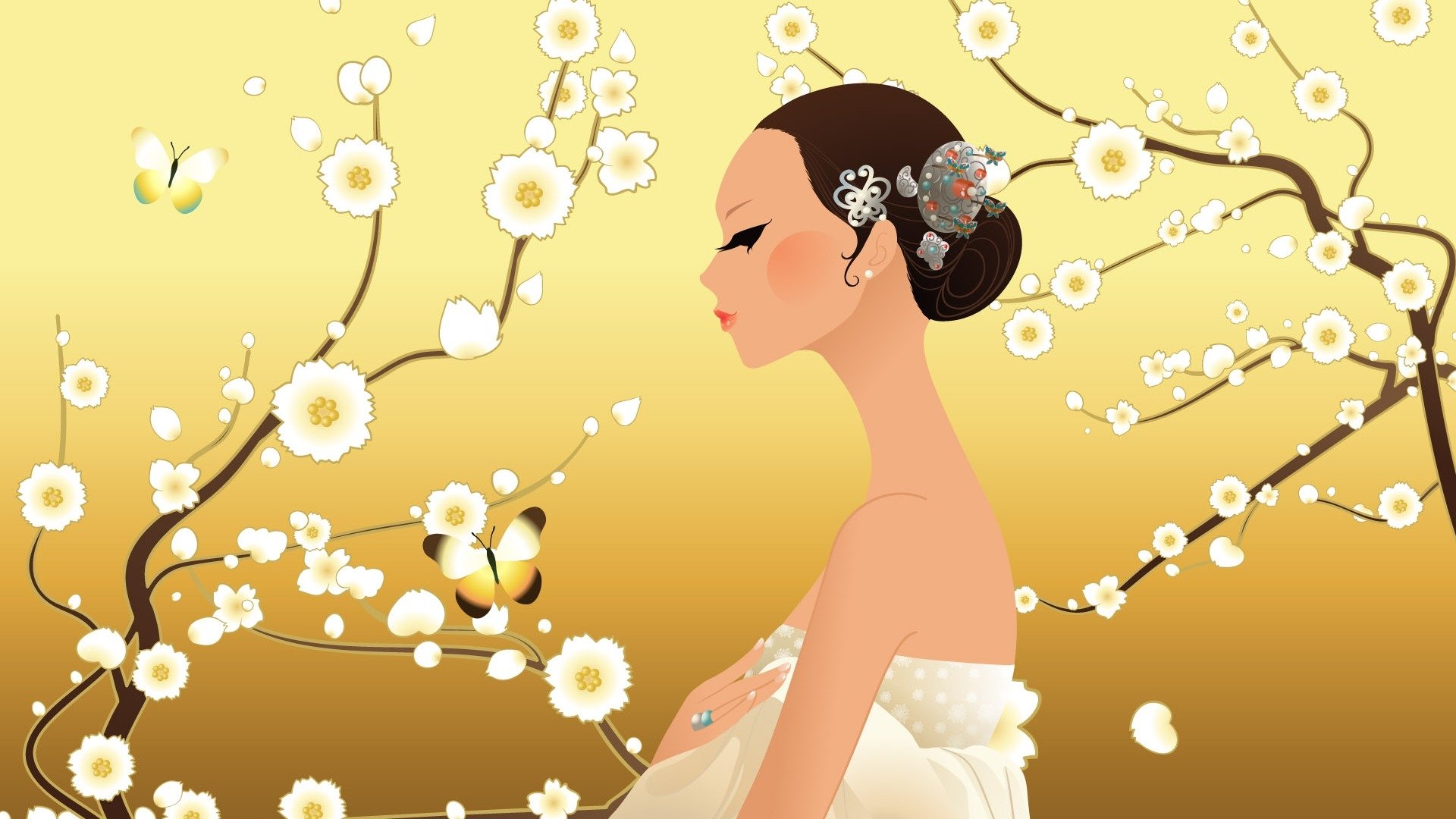 Artistic HD PC desktop wallpaper of a Korean woman in traditional costume, shown in profile amid white plum blossoms and butterflies on a golden background.