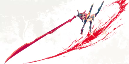 HD desktop wallpaper of Ryūko Matoi from the anime Kill La Kill, features her dynamic pose with her iconic red weapon against a white background with red streaks.