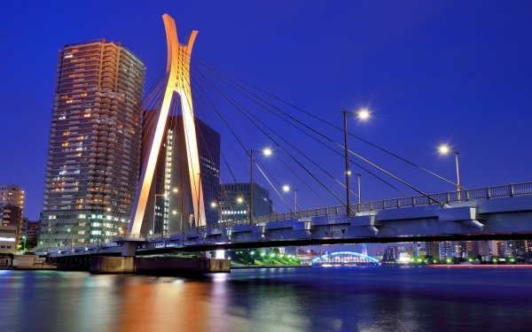 Man Made Tokyo Cities Japan Metropolis Skyscraper House Night Bridge Light River Blue Sky Chuo-Ohashi Bridge HD Wallpaper | Background Image