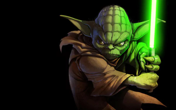 HD desktop wallpaper of Yoda from Star Wars wielding a green lightsaber against a dark background.
