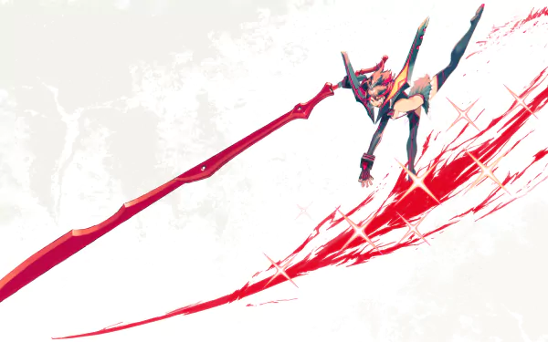 HD desktop wallpaper of Ryūko Matoi from the anime Kill La Kill, features her dynamic pose with her iconic red weapon against a white background with red streaks.
