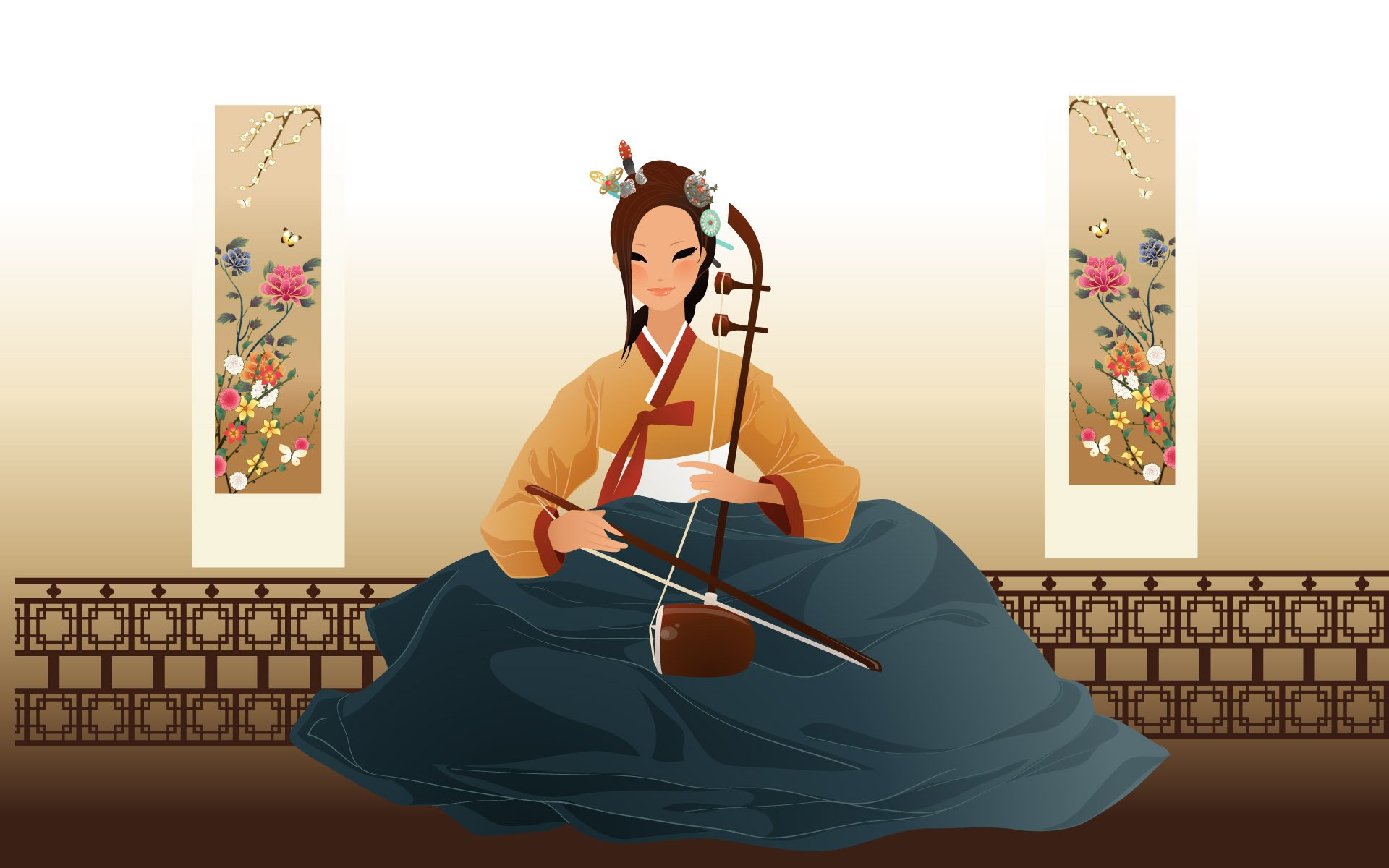 HD PC desktop wallpaper of a Korean woman in traditional costume, artistic illustration of her seated playing a stringed instrument with decorative panels as the background.