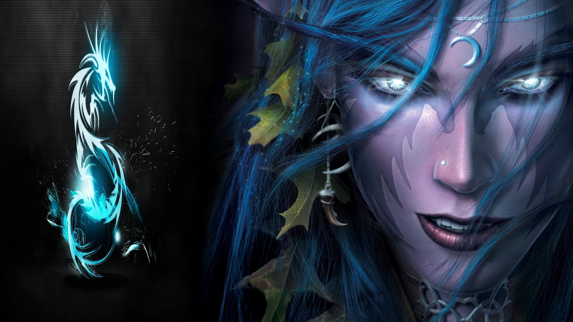 HD PC desktop wallpaper featuring a detailed close-up of a female Night Elf character from the video game Warcraft, with glowing eyes and intricate blue markings.
