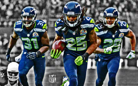 Dynamic HD wallpaper featuring Seattle Seahawks players Earl Thomas, Kam Chancellor, and Richard Sherman in action on the field, showcasing their intensity and teamwork in sports.