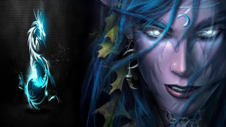 HD PC desktop wallpaper featuring a detailed close-up of a female Night Elf character from the video game Warcraft, with glowing eyes and intricate blue markings.