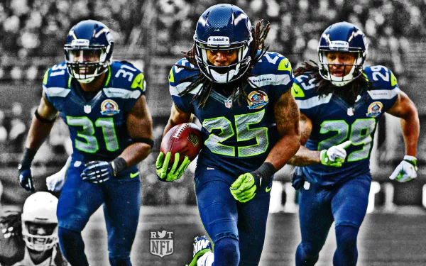 Dynamic HD wallpaper featuring Seattle Seahawks players Earl Thomas, Kam Chancellor, and Richard Sherman in action on the field, showcasing their intensity and teamwork in sports.