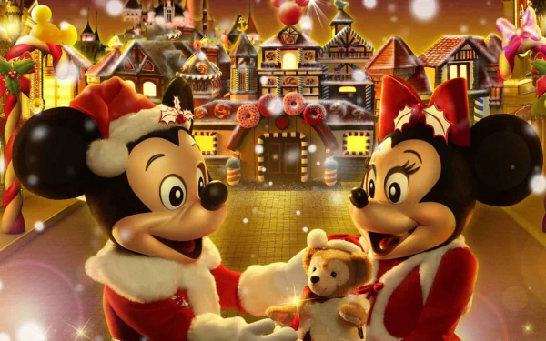 Mickey Mouse and Minnie Mouse, dressed in Santa hats, share a festive moment in a beautifully decorated holiday village. A teddy bear is central to their cheer. This HD desktop wallpaper captures the Christmas spirit.