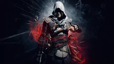HD desktop wallpaper of Assassin's Creed IV: Black Flag featuring a hooded character in dark, dramatic lighting, surrounded by red and black visual effects.