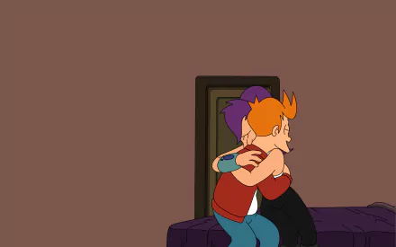 HD PC desktop wallpaper featuring Leela and Fry from the TV show Futurama sharing a warm hug in a simple, dimly lit room.
