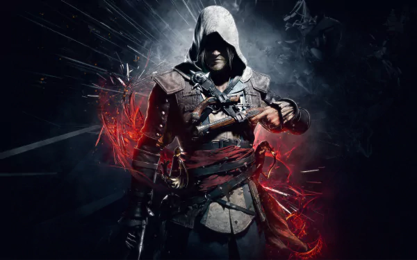 HD desktop wallpaper of Assassin's Creed IV: Black Flag featuring a hooded character in dark, dramatic lighting, surrounded by red and black visual effects.