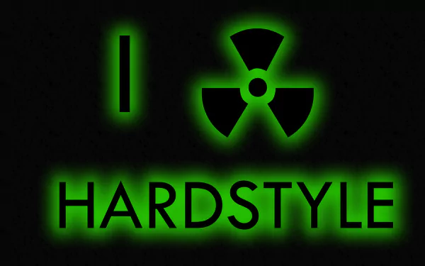 HD PC desktop wallpaper featuring glowing green text and symbols that read I [radioactive symbol] HARDSTYLE, highlighting a hardstyle music theme.