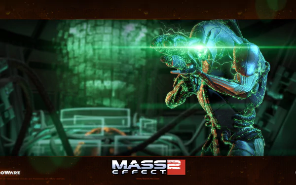 HD desktop wallpaper featuring Legion from Mass Effect 2, posed with a glowing visor against a futuristic backdrop.
