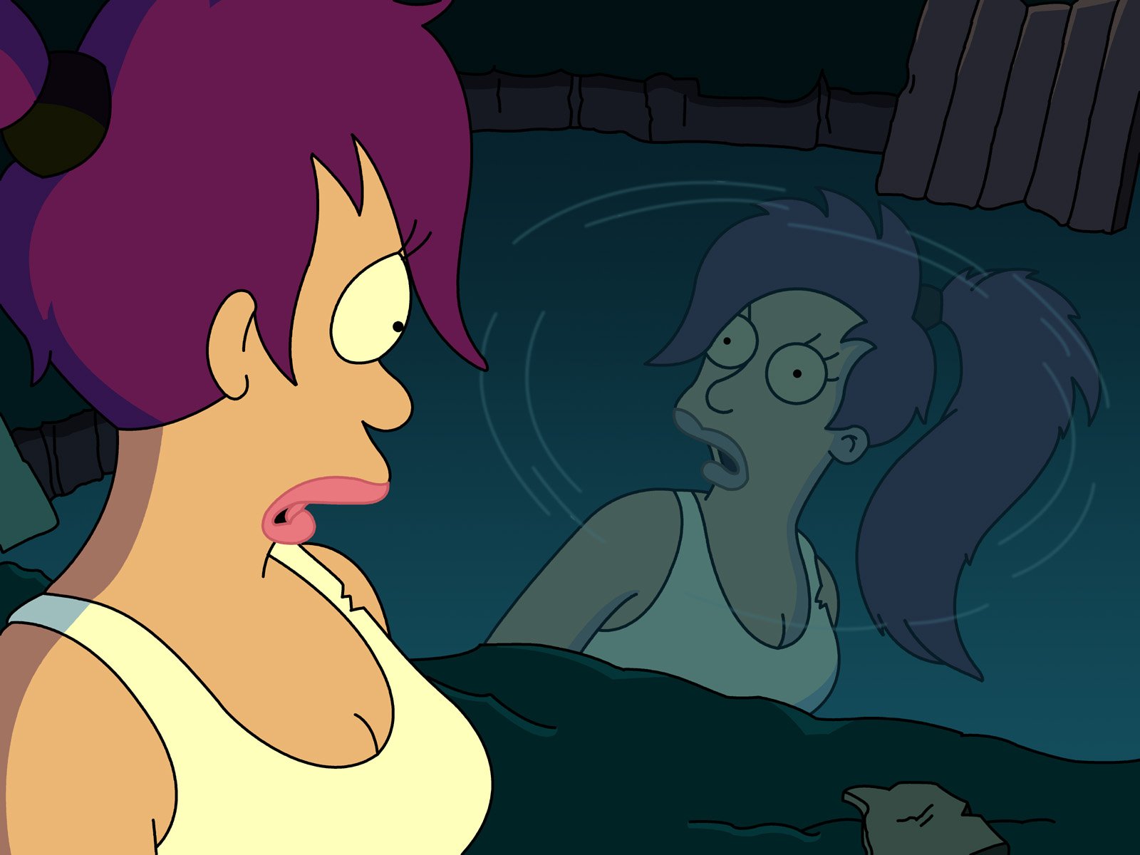 HD PC desktop wallpaper of Leela (Futurama) from the TV show Futurama, leaning over dark water as her shocked reflected self with pigtails gazes up.