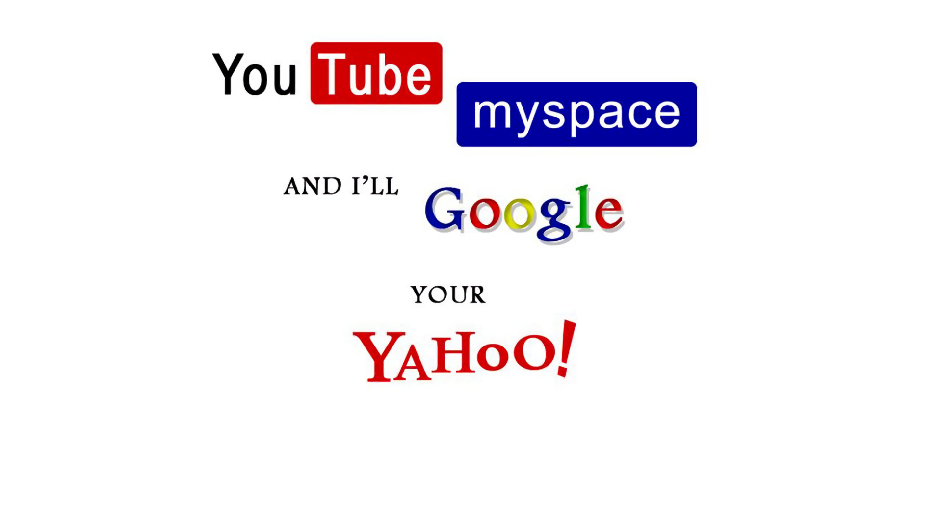 HD PC desktop wallpaper featuring iconic technology and internet logos arranged in a playful phrase with YouTube, Myspace, Google, and Yahoo.