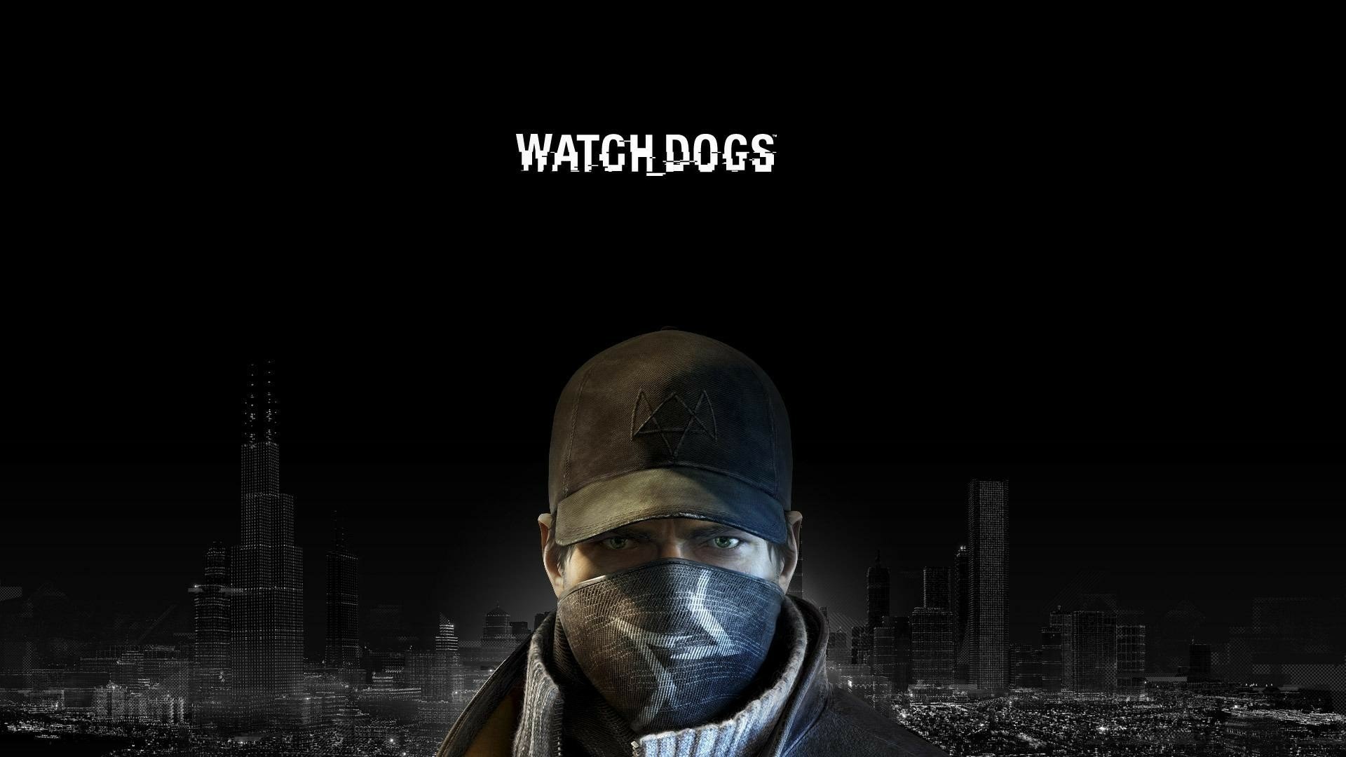 HD desktop wallpaper of Aiden Pearce from the video game Watch Dogs, featuring the character in a dark urban setting with the game title above.