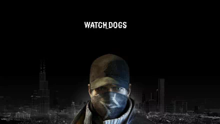 HD desktop wallpaper of Aiden Pearce from the video game Watch Dogs, featuring the character in a dark urban setting with the game title above.